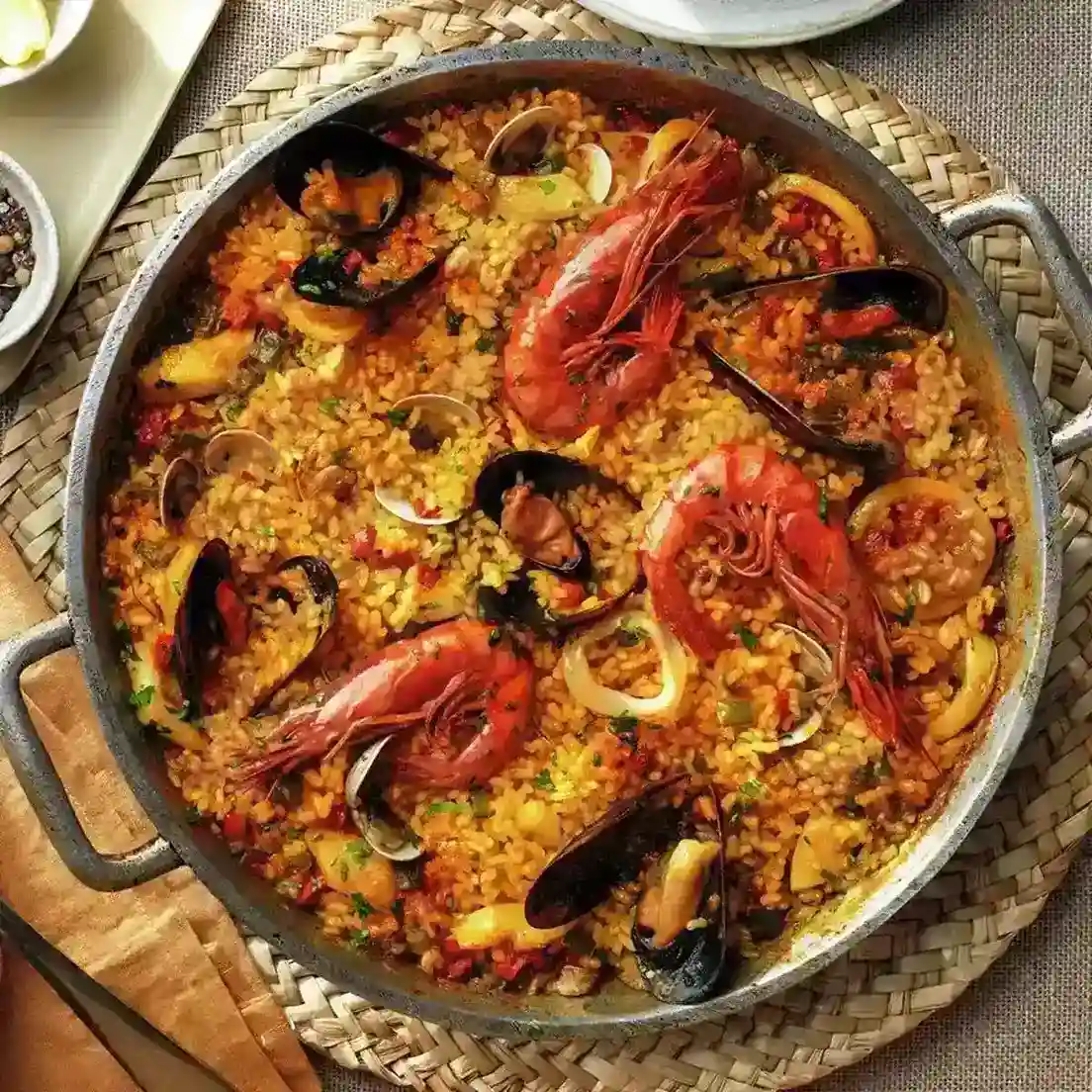 Paella mediterránea de mariscos muy sabrosa