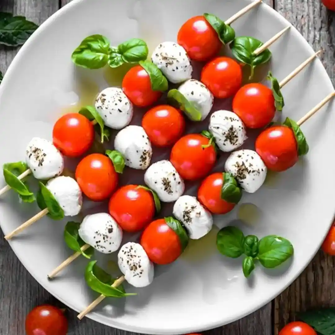 Brochetas de caprese con pesto