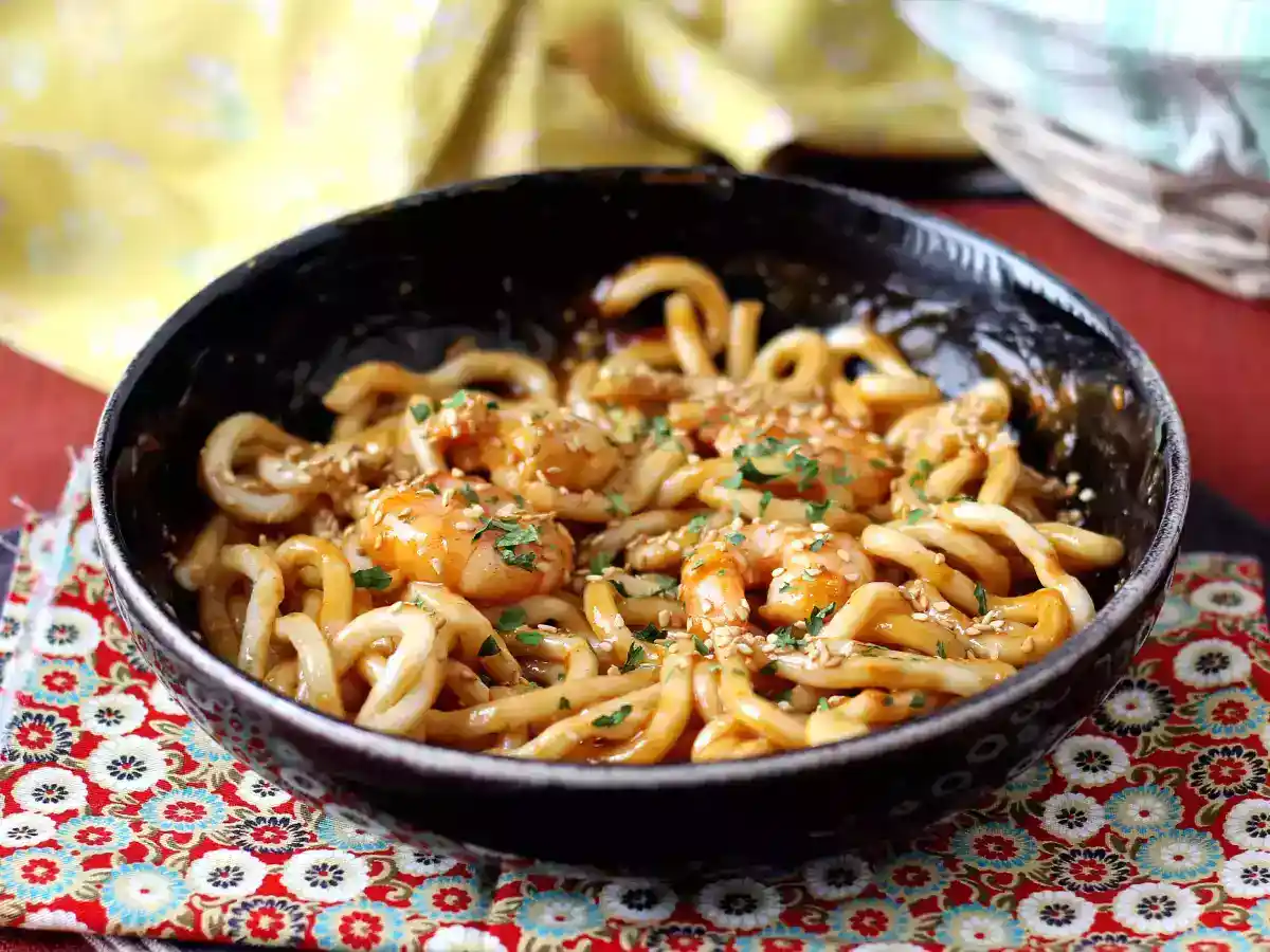 Linguini de gambas con chile
